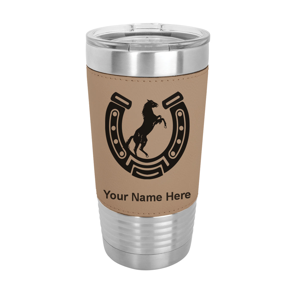20oz Faux Leather Tumbler Mug, Horseshoe with Horse, Personalized Engraving Included - LaserGram Custom Engraved Gifts