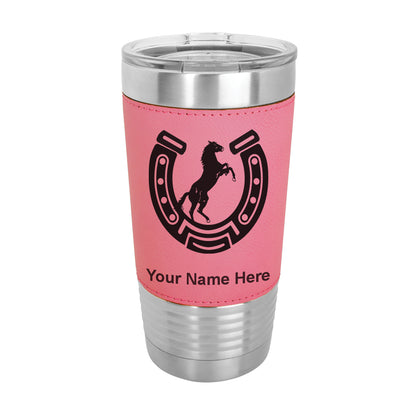 20oz Faux Leather Tumbler Mug, Horseshoe with Horse, Personalized Engraving Included - LaserGram Custom Engraved Gifts