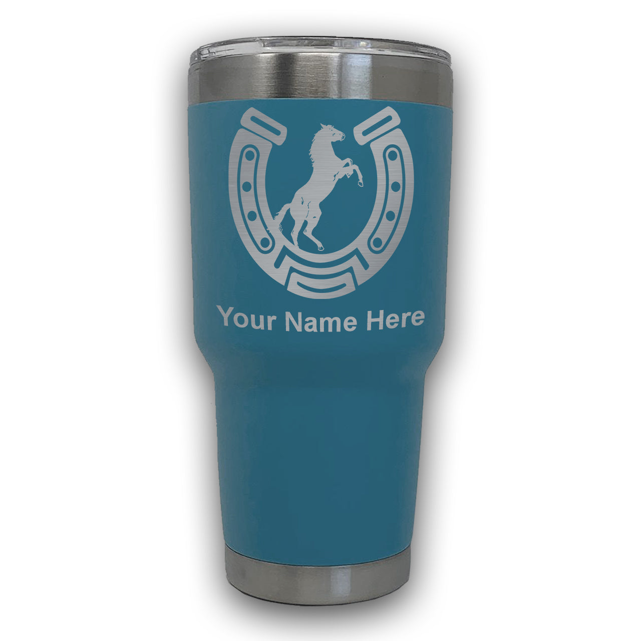 LaserGram 30oz Tumbler Mug, Horseshoe with Horse, Personalized Engraving Included