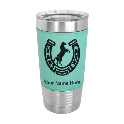 20oz Faux Leather Tumbler Mug, Horseshoe with Horse, Personalized Engraving Included - LaserGram Custom Engraved Gifts