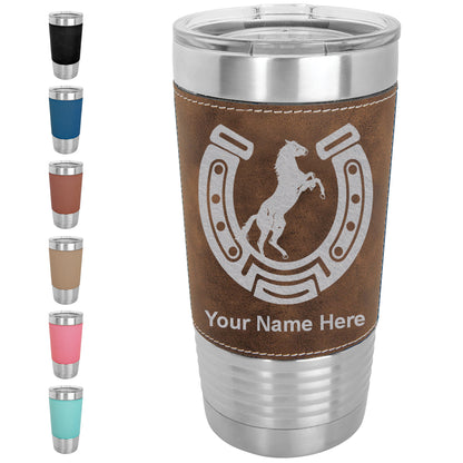 20oz Faux Leather Tumbler Mug, Horseshoe with Horse, Personalized Engraving Included - LaserGram Custom Engraved Gifts