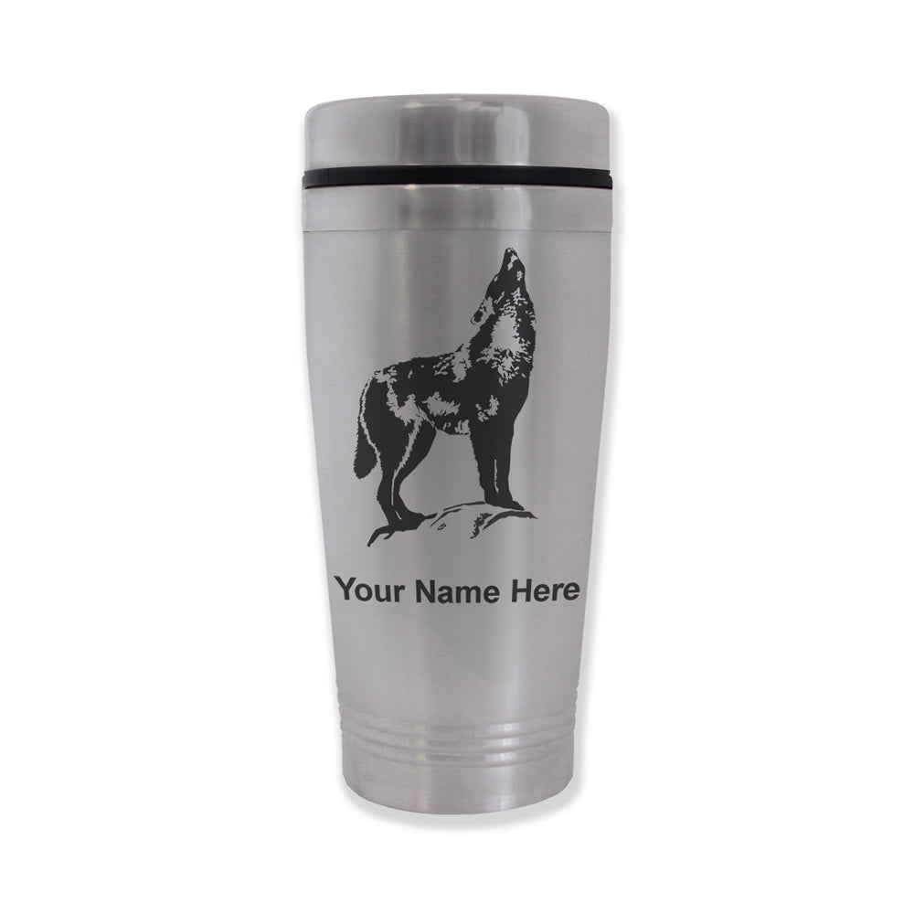Commuter Travel Mug, Howling Wolf, Personalized Engraving Included