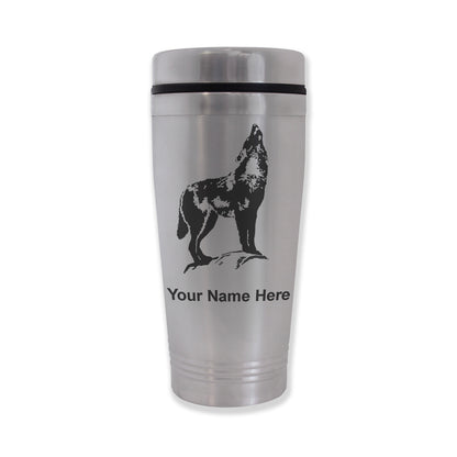 Commuter Travel Mug, Howling Wolf, Personalized Engraving Included