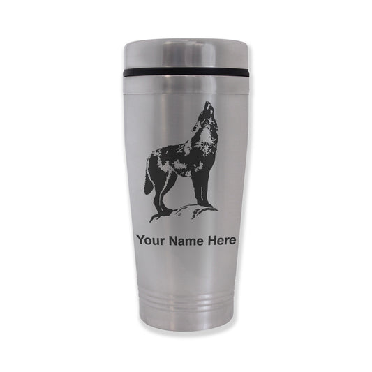 Commuter Travel Mug, Howling Wolf, Personalized Engraving Included