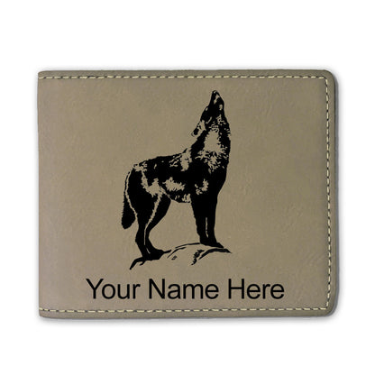 Faux Leather Bi-Fold Wallet, Howling Wolf, Personalized Engraving Included