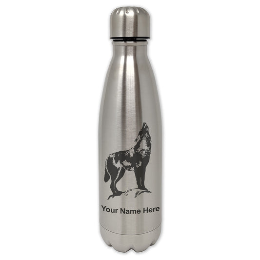 LaserGram Single Wall Water Bottle, Howling Wolf, Personalized Engraving Included