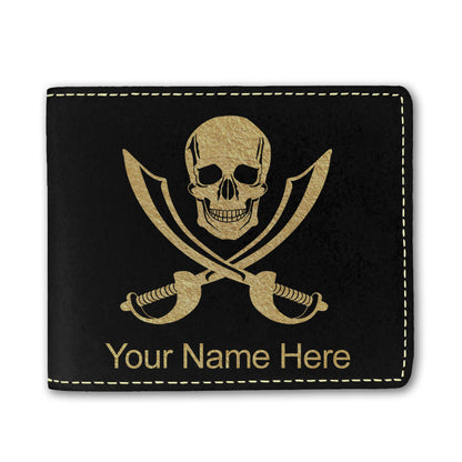 Faux Leather Bi-Fold Wallet, Jolly Roger, Personalized Engraving Included