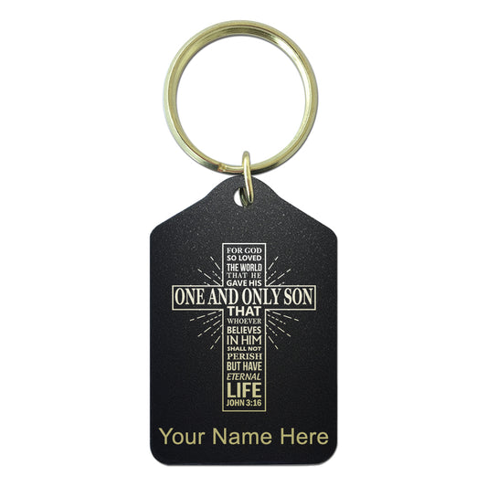 Black Metal Keychain, Bible Verse John 3-16, Personalized Engraving Included