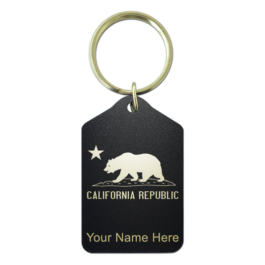 Black Metal Keychain, California Republic Bear Flag, Personalized Engraving Included