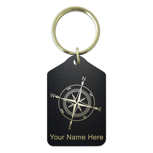Black Metal Keychain, Compass Rose, Personalized Engraving Included