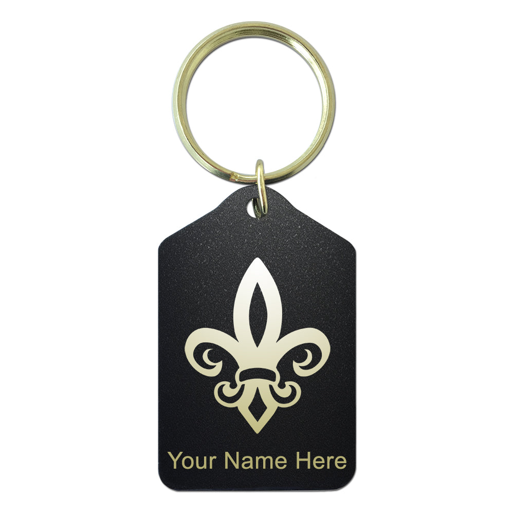 Black Metal Keychain, Fleur de Lis, Personalized Engraving Included