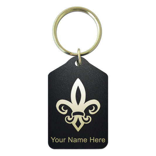 Black Metal Keychain, Fleur de Lis, Personalized Engraving Included