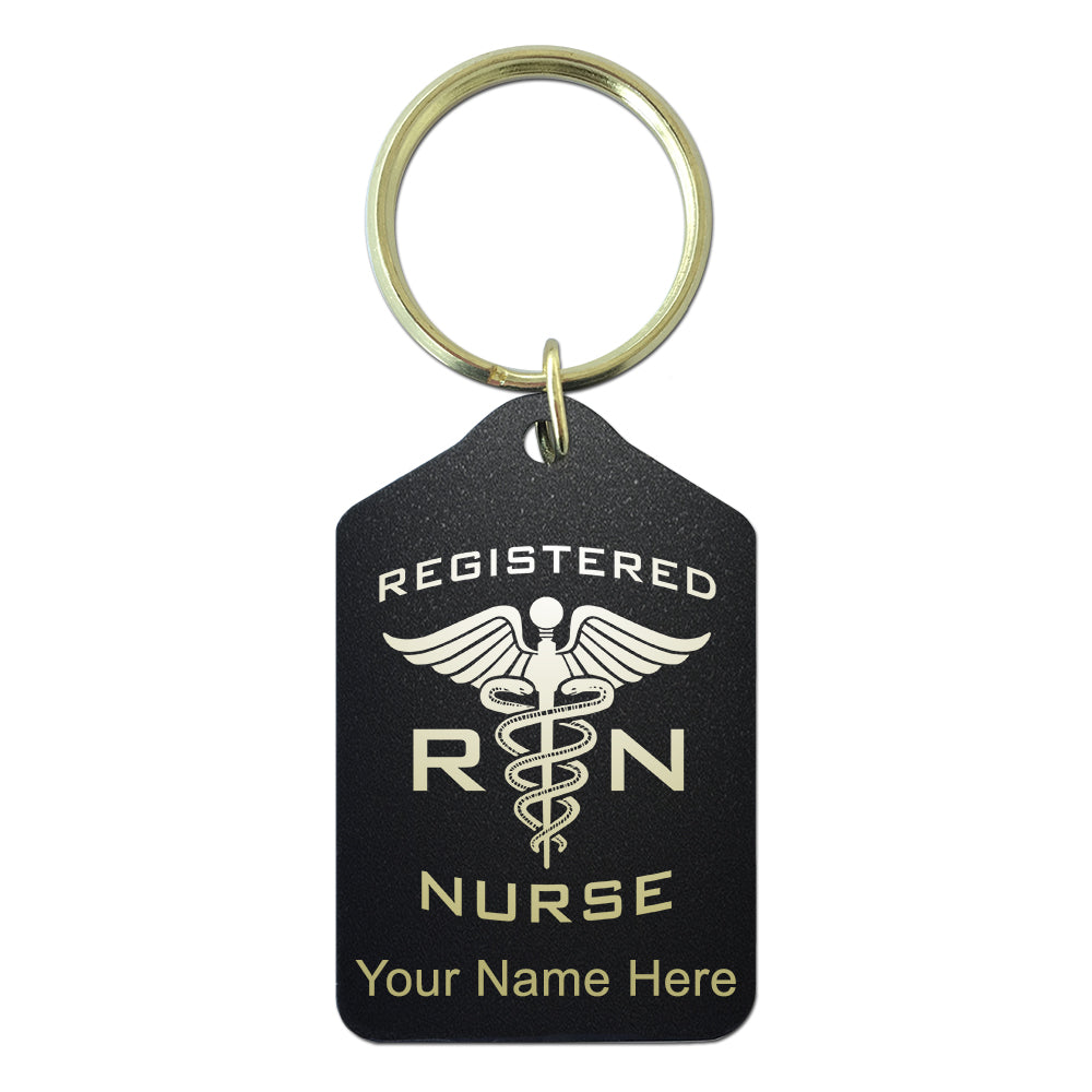 Black Metal Keychain, RN Registered Nurse, Personalized Engraving Included
