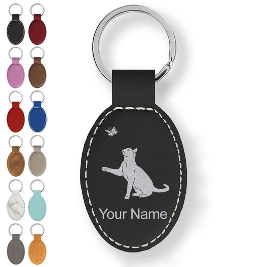 Faux Leather Oval Keychain, Cat with Butterfly, Personalized Engraving Included