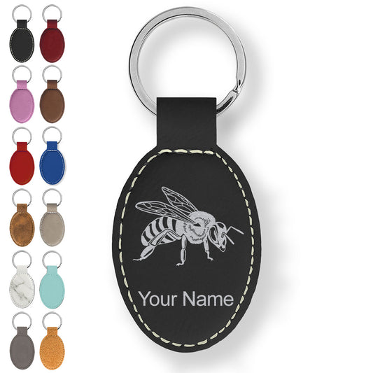 Faux Leather Oval Keychain, Honey Bee, Personalized Engraving Included