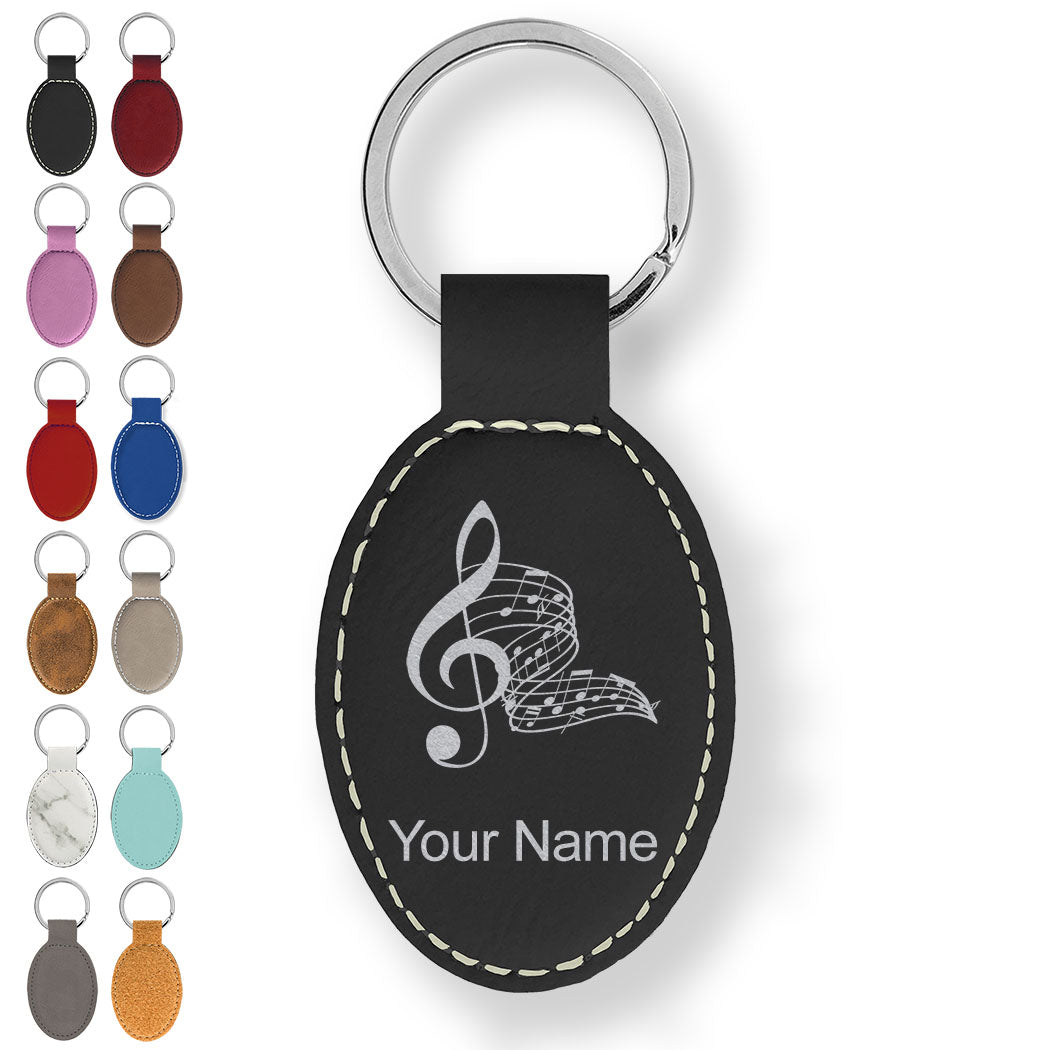 Faux Leather Oval Keychain, Musical Notes, Personalized Engraving Included