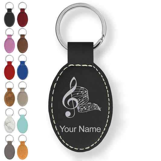 Faux Leather Oval Keychain, Musical Notes, Personalized Engraving Included