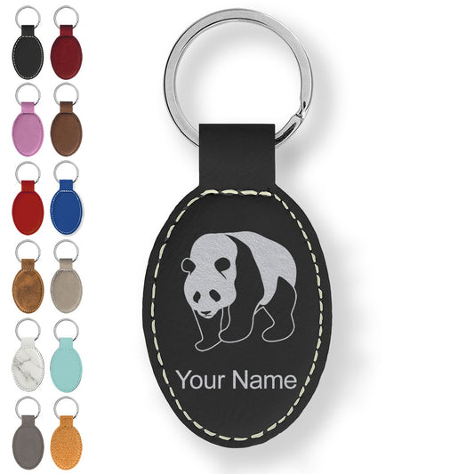Faux Leather Oval Keychain, Panda Bear, Personalized Engraving Included