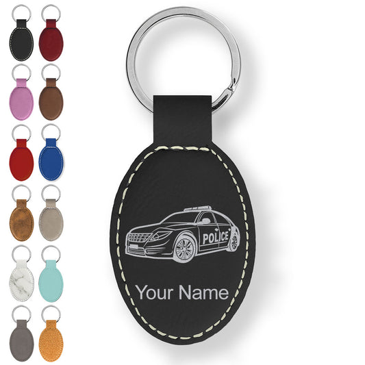 Faux Leather Oval Keychain, Police Car, Personalized Engraving Included