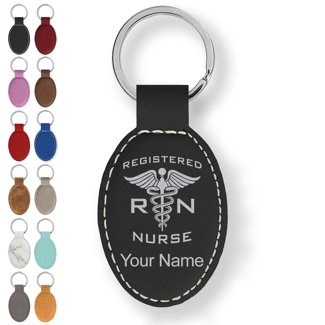 Faux Leather Oval Keychain, RN Registered Nurse, Personalized Engraving Included