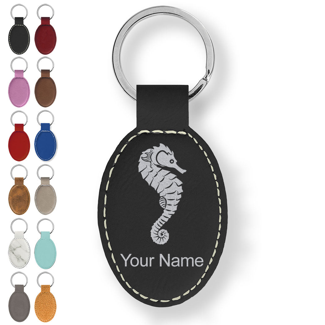 Faux Leather Oval Keychain, Seahorse, Personalized Engraving Included