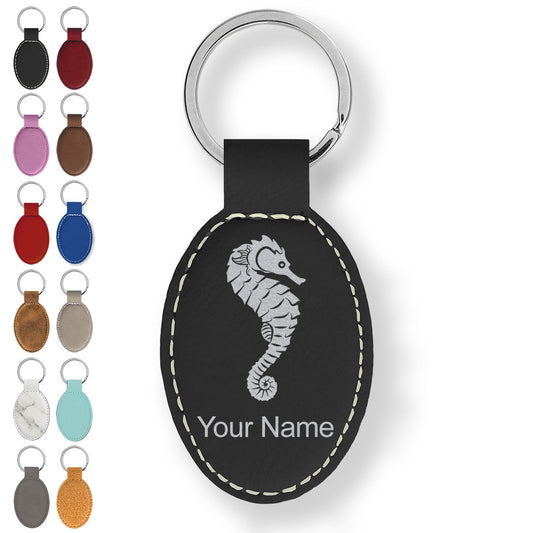 Faux Leather Oval Keychain, Seahorse, Personalized Engraving Included