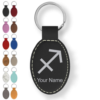 Faux Leather Oval Keychain, Zodiac Sign Sagittarius, Personalized Engraving Included
