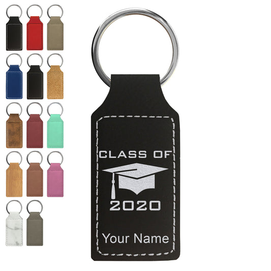 Faux Leather Rectangle Keychain, Grad Cap Class of 2020, 2021, 2022, 2023, 2024, 2025, Personalized Engraving Included