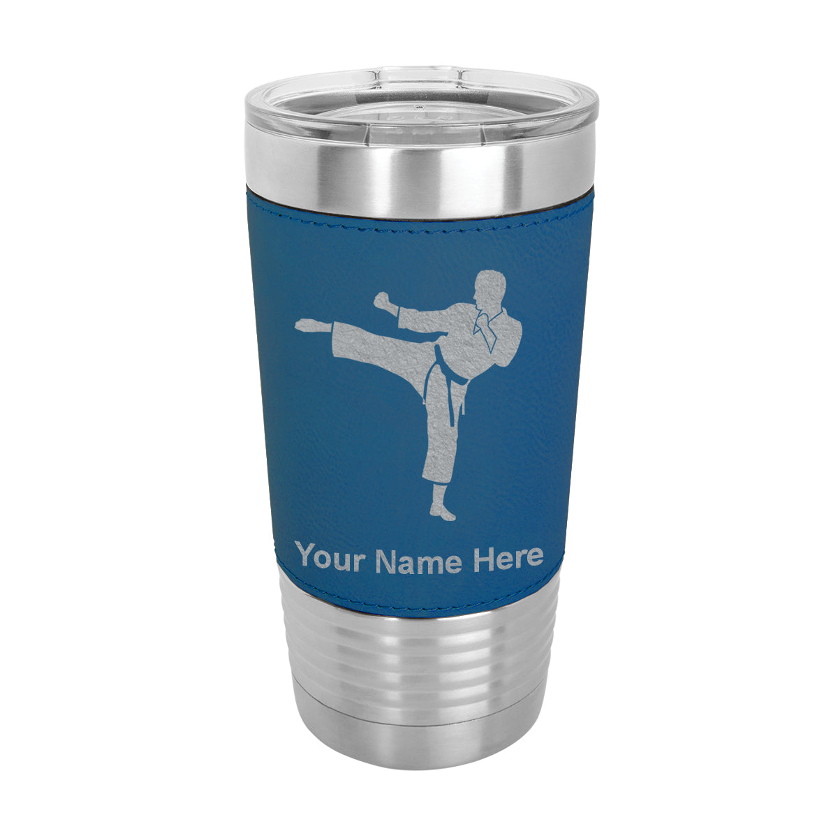 20oz Faux Leather Tumbler Mug, Karate Man, Personalized Engraving Included - LaserGram Custom Engraved Gifts