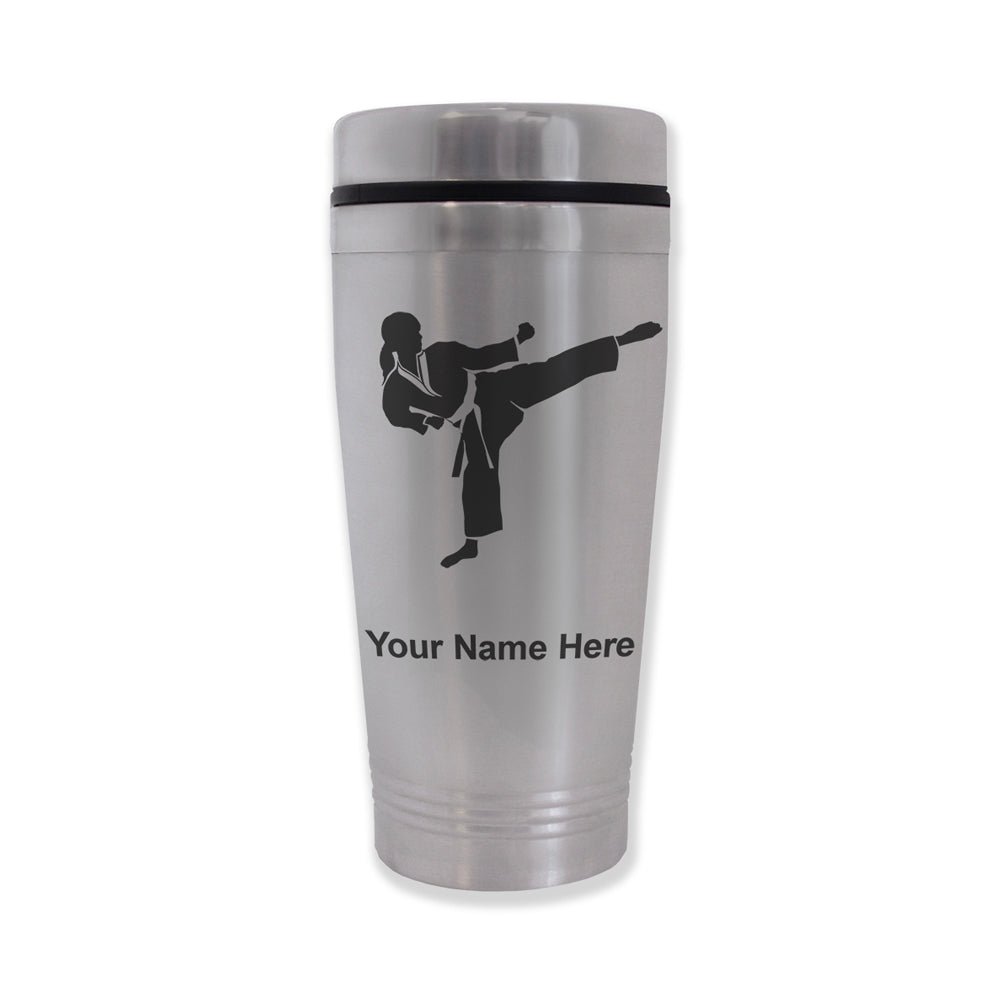 Commuter Travel Mug, Karate Woman, Personalized Engraving Included