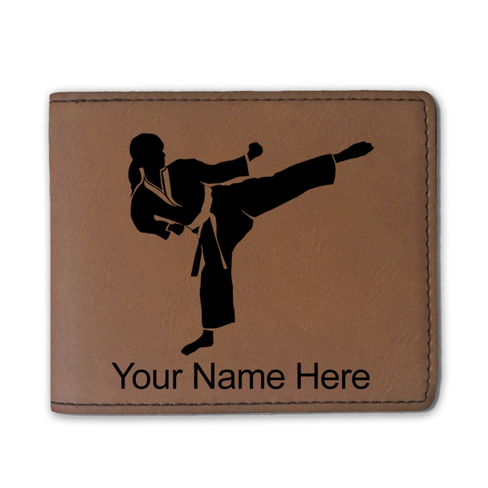Faux Leather Bi-Fold Wallet, Karate Woman, Personalized Engraving Included