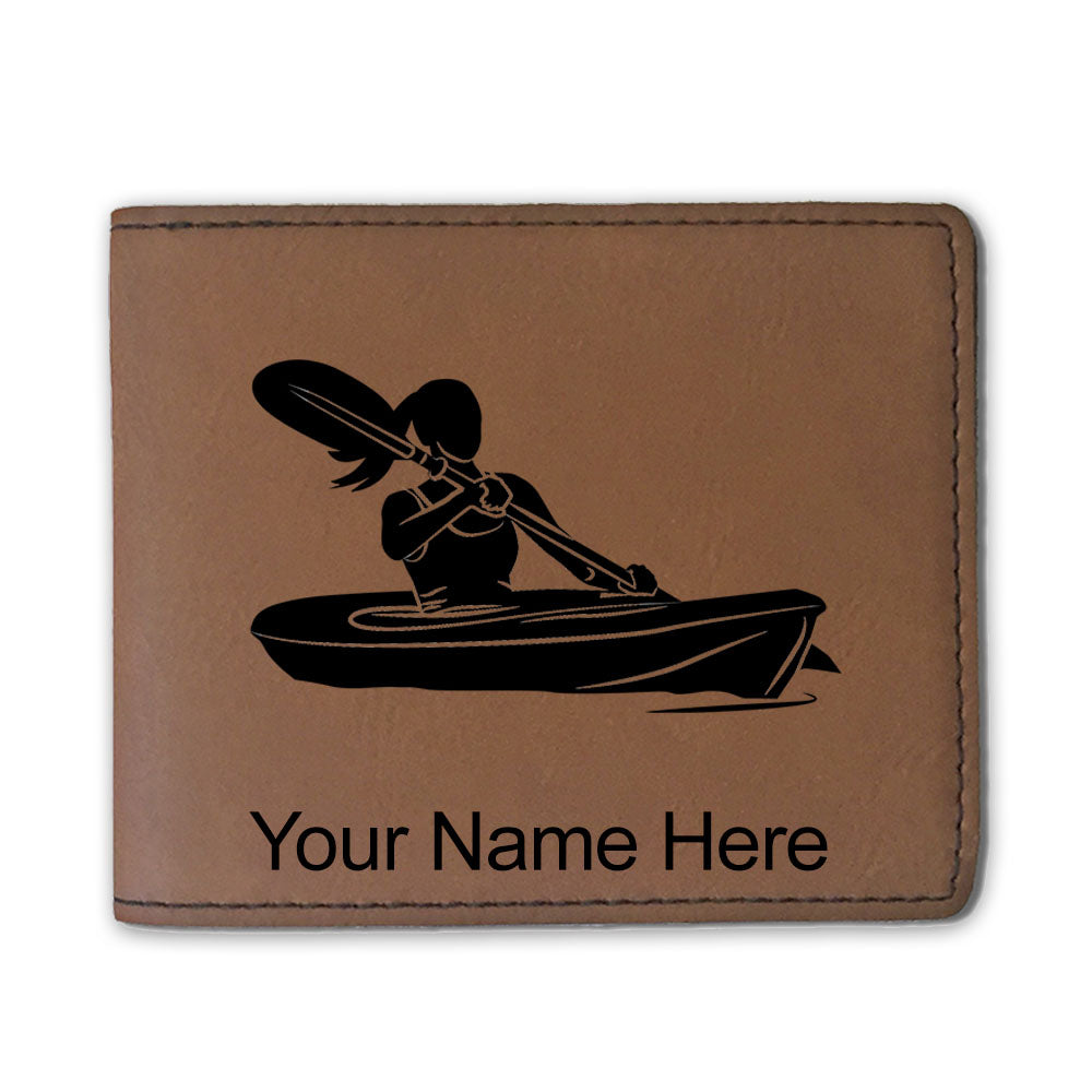 Faux Leather Bi-Fold Wallet, Kayak Woman, Personalized Engraving Included