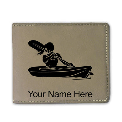 Faux Leather Bi-Fold Wallet, Kayak Woman, Personalized Engraving Included