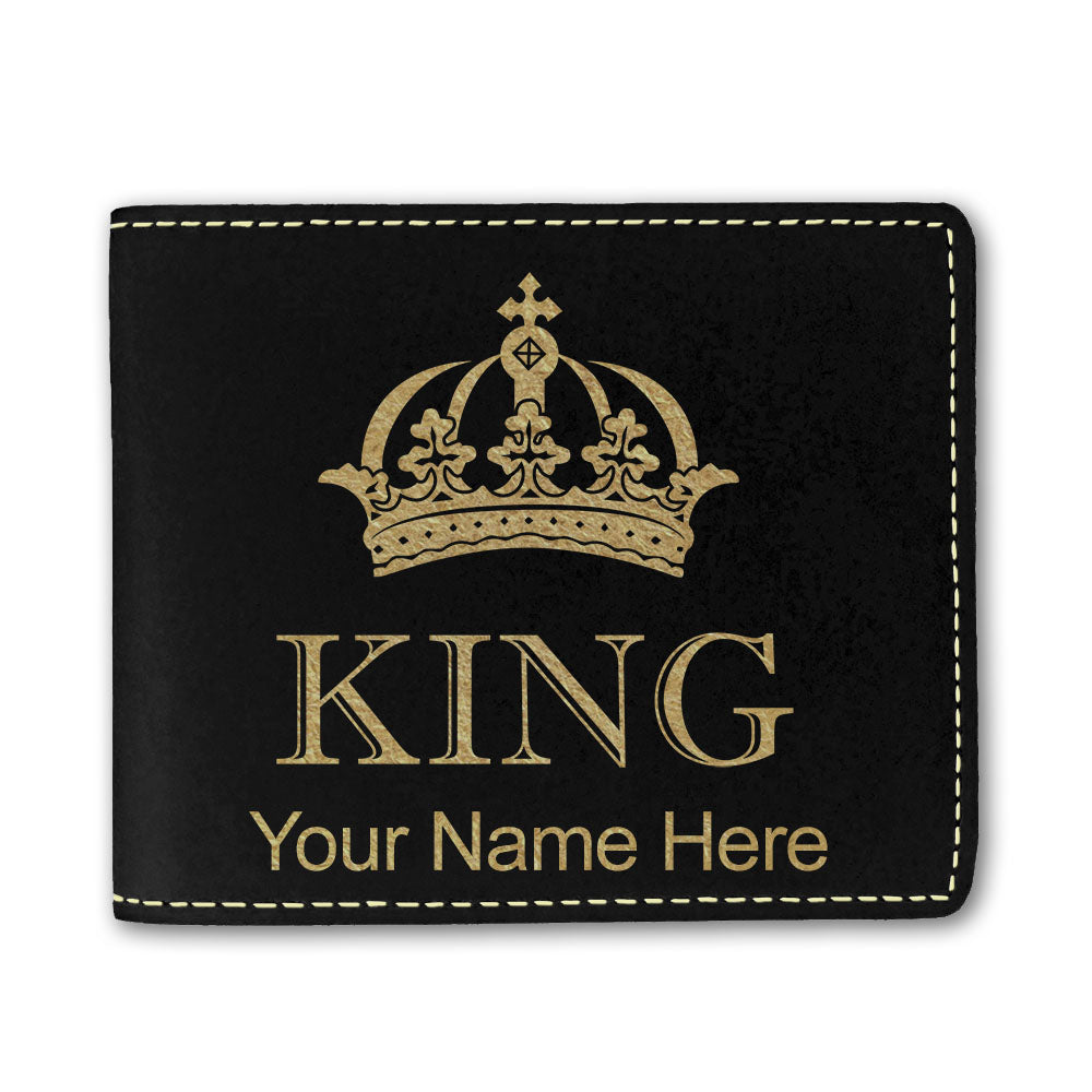 Faux Leather Bi-Fold Wallet, King Crown, Personalized Engraving Included