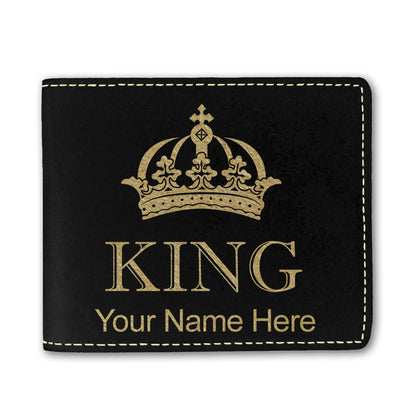 Faux Leather Bi-Fold Wallet, King Crown, Personalized Engraving Included