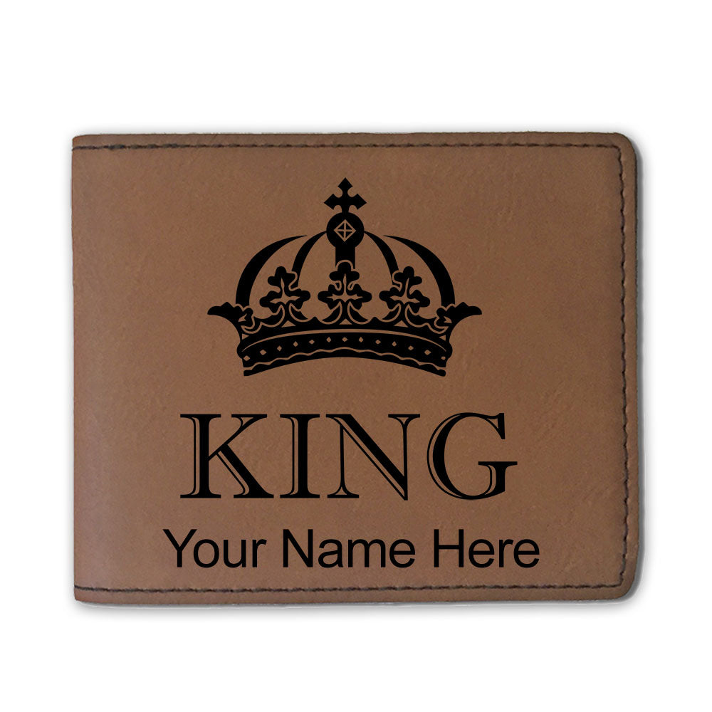 Faux Leather Bi-Fold Wallet, King Crown, Personalized Engraving Included