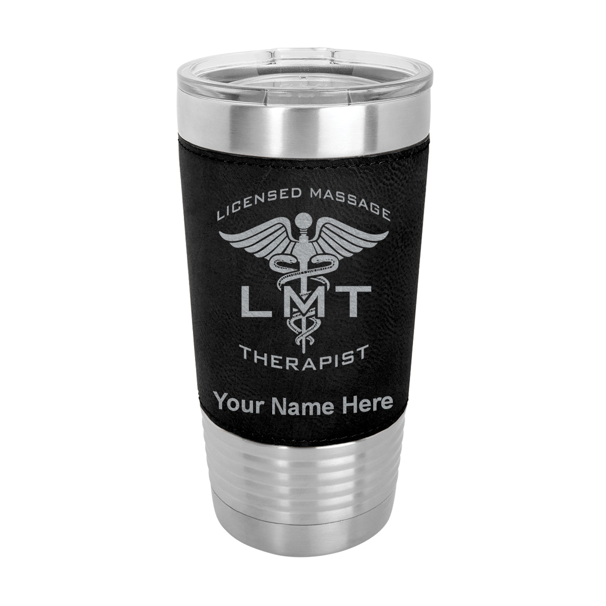 20oz Faux Leather Tumbler Mug, LMT Licensed Massage Therapist, Personalized Engraving Included - LaserGram Custom Engraved Gifts