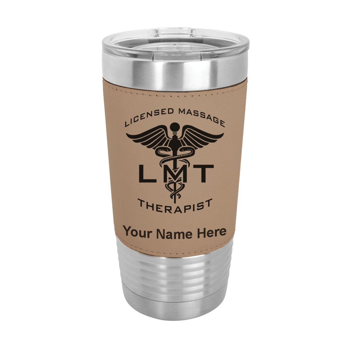 20oz Faux Leather Tumbler Mug, LMT Licensed Massage Therapist, Personalized Engraving Included - LaserGram Custom Engraved Gifts