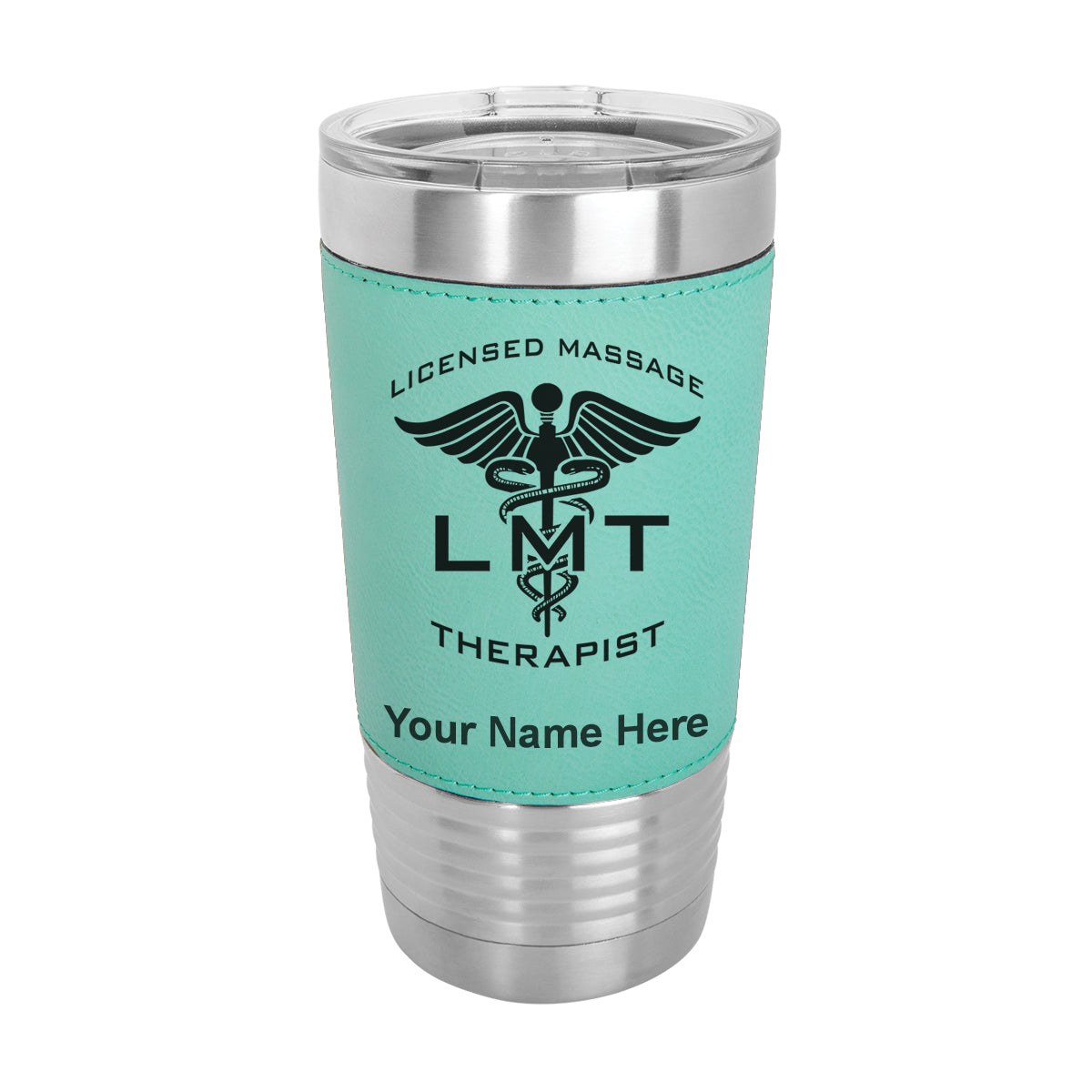 20oz Faux Leather Tumbler Mug, LMT Licensed Massage Therapist, Personalized Engraving Included - LaserGram Custom Engraved Gifts