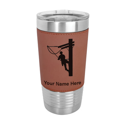 20oz Faux Leather Tumbler Mug, Lineman, Personalized Engraving Included - LaserGram Custom Engraved Gifts
