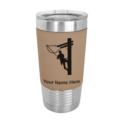 20oz Faux Leather Tumbler Mug, Lineman, Personalized Engraving Included - LaserGram Custom Engraved Gifts