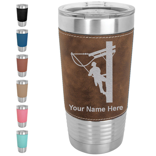 20oz Faux Leather Tumbler Mug, Lineman, Personalized Engraving Included - LaserGram Custom Engraved Gifts
