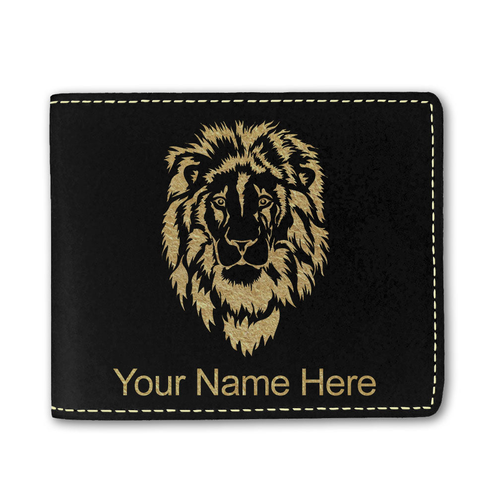 Faux Leather Bi-Fold Wallet, Lion Head, Personalized Engraving Included