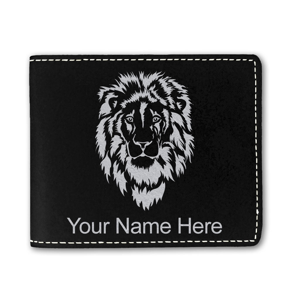 Faux Leather Bi-Fold Wallet, Lion Head, Personalized Engraving Included