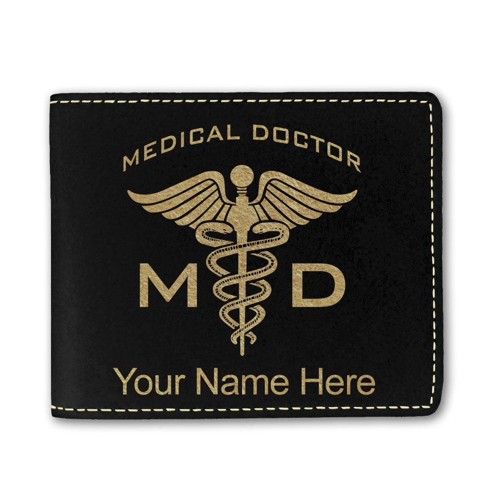 Faux Leather Bi-Fold Wallet, MD Medical Doctor, Personalized Engraving Included