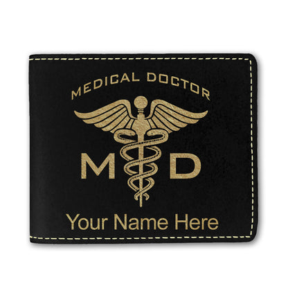 Faux Leather Bi-Fold Wallet, MD Medical Doctor, Personalized Engraving Included