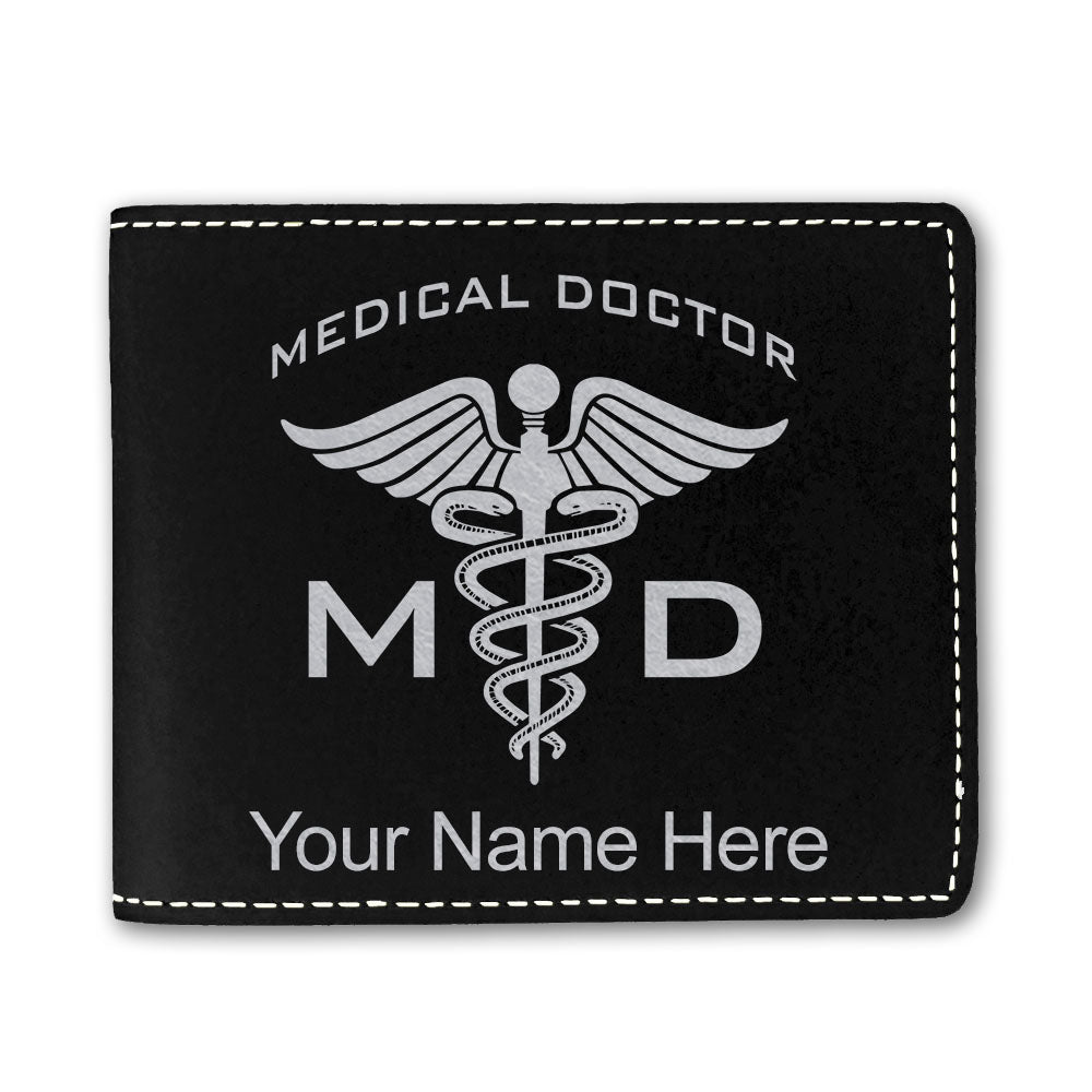 Faux Leather Bi-Fold Wallet, MD Medical Doctor, Personalized Engraving Included