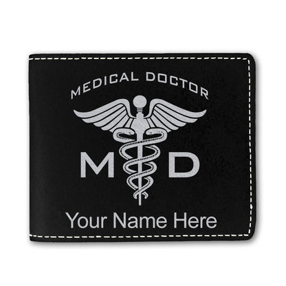 Faux Leather Bi-Fold Wallet, MD Medical Doctor, Personalized Engraving Included