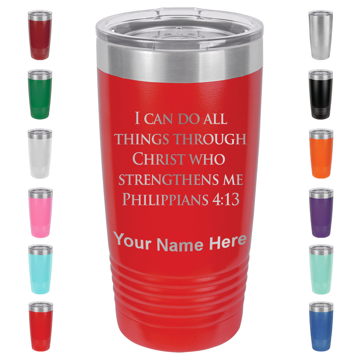20oz Vacuum Insulated Tumbler Mug, Bible Verse Philippians 4-13, Personalized Engraving Included