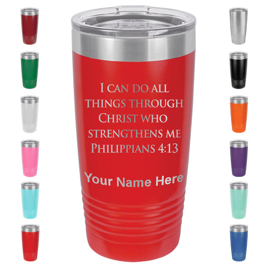 20oz Vacuum Insulated Tumbler Mug, Bible Verse Philippians 4-13, Personalized Engraving Included